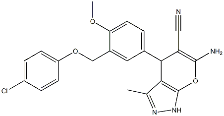 6-amino-4-{3-[(4-chlorophenoxy)methyl]-4-methoxyphenyl}-3-methyl-1,4-dihydropyrano[2,3-c]pyrazole-5-carbonitrile Struktur