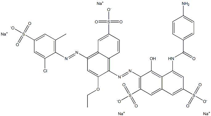 2,7-Naphthalenedisulfonic acid, 5-[(4-aminobenzoyl)amino]-3-[[4-[(2-chloro-6-methyl-4-sulfophenyl)azo]-2-ethoxy-6-sulfo-1-naphthalenyl]azo]-4-hydroxy-, tetrasodium salt Struktur