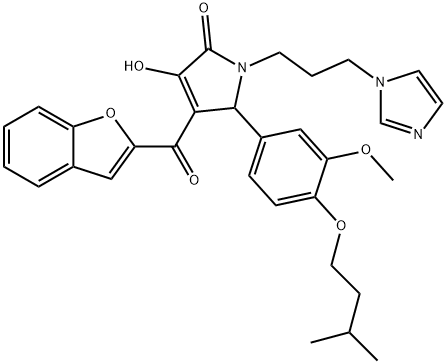 4-(1-benzofuran-2-ylcarbonyl)-3-hydroxy-1-[3-(1H-imidazol-1-yl)propyl]-5-[4-(isopentyloxy)-3-methoxyphenyl]-1,5-dihydro-2H-pyrrol-2-one Struktur