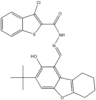 N'-[(3-tert-butyl-2-hydroxy-6,7,8,9-tetrahydrodibenzo[b,d]furan-1-yl)methylene]-3-chloro-1-benzothiophene-2-carbohydrazide Struktur