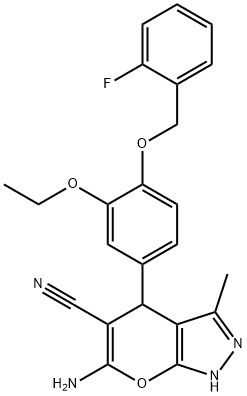 6-amino-4-{3-ethoxy-4-[(2-fluorobenzyl)oxy]phenyl}-3-methyl-1,4-dihydropyrano[2,3-c]pyrazole-5-carbonitrile Struktur