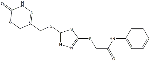 2-[(5-{[(2-oxo-3,6-dihydro-2H-1,3,4-thiadiazin-5-yl)methyl]sulfanyl}-1,3,4-thiadiazol-2-yl)sulfanyl]-N-phenylacetamide Struktur