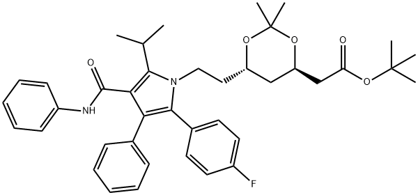 tert-butyl 2-((4R,6S)-6-(2-(2-(4-fluorophenyl)-5-isopropyl-3-phenyl- 4-(phenylcarbamoyl)-1H-pyrrol-1-yl)ethyl)-2,2-dimethyl-1,3-dioxan-4-yl)acetate Struktur