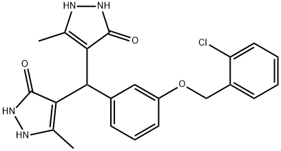 4-[{3-[(2-chlorobenzyl)oxy]phenyl}(5-hydroxy-3-methyl-1H-pyrazol-4-yl)methyl]-3-methyl-1H-pyrazol-5-ol Struktur