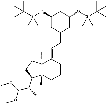 ((1R,3R)-5-((E)-2-((1R,3aS,7aR)-1-((S)-1,1-dimethoxypropan-2-yl)-7a-methyldihydro-1H-inden-4(2H,5H,6H,7H,7aH)-ylidene)ethylidene)cyclohexane-1,3-diyl)bis(oxy)bis(tertbutyldimethylsilane) Struktur