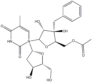 1-(5'-O-acetyl-3'-benzylxylofuranosyl)thymidine Struktur