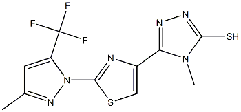 4-methyl-5-{2-[3-methyl-5-(trifluoromethyl)-1H-pyrazol-1-yl]-1,3-thiazol-4-yl}-4H-1,2,4-triazole-3-thiol Struktur