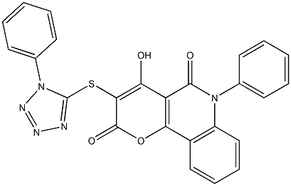 4-hydroxy-6-phenyl-3-[(1-phenyl-1H-tetraazol-5-yl)sulfanyl]-2H-pyrano[3,2-c]quinoline-2,5(6H)-dione Struktur