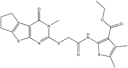 ethyl 4,5-dimethyl-2-({[(3-methyl-4-oxo-3,5,6,7-tetrahydro-4H-cyclopenta[4,5]thieno[2,3-d]pyrimidin-2-yl)sulfanyl]acetyl}amino)-3-thiophenecarboxylate Struktur