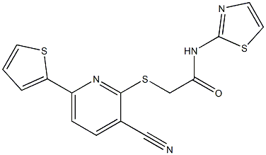 2-[(3-cyano-6-thien-2-ylpyridin-2-yl)sulfanyl]-N-(1,3-thiazol-2-yl)acetamide Struktur