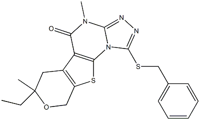 1-(benzylsulfanyl)-7-ethyl-4,7-dimethyl-6,9-dihydro-7H-pyrano[4',3':4,5]thieno[3,2-e][1,2,4]triazolo[4,3-a]pyrimidin-5(4H)-one Struktur