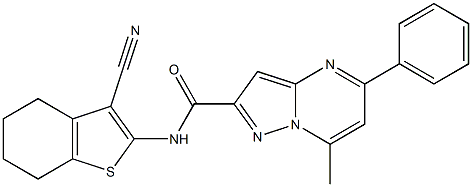 N-(3-cyano-4,5,6,7-tetrahydro-1-benzothien-2-yl)-7-methyl-5-phenylpyrazolo[1,5-a]pyrimidine-2-carboxamide Struktur