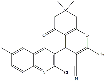 2-amino-4-(2-chloro-6-methylquinolin-3-yl)-7,7-dimethyl-5-oxo-5,6,7,8-tetrahydro-4H-chromene-3-carbonitrile Struktur