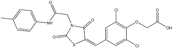 [2,6-dichloro-4-({2,4-dioxo-3-[2-oxo-2-(4-toluidino)ethyl]-1,3-thiazolidin-5-ylidene}methyl)phenoxy]acetic acid Struktur