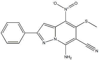 7-amino-4-nitro-5-(methylsulfanyl)-2-phenylpyrazolo[1,5-a]pyridine-6-carbonitrile Struktur