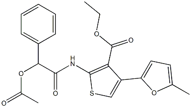 ethyl 2-{[(acetyloxy)(phenyl)acetyl]amino}-4-(5-methyl-2-furyl)-3-thiophenecarboxylate Struktur