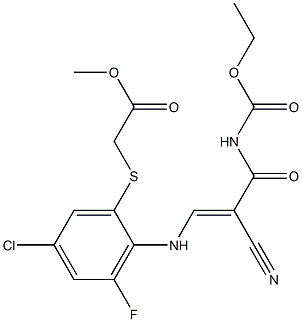 methyl 2-{[5-chloro-2-({2-cyano-3-[(ethoxycarbonyl)amino]-3-oxo-1-propenyl}amino)-3-fluorophenyl]sulfanyl}acetate Struktur