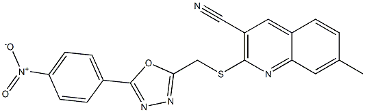 2-{[(5-{4-nitrophenyl}-1,3,4-oxadiazol-2-yl)methyl]sulfanyl}-7-methylquinoline-3-carbonitrile Struktur