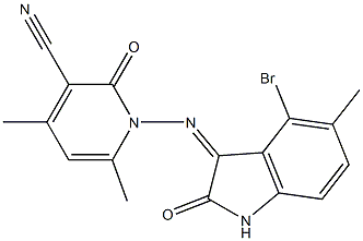 1-[(4-bromo-5-methyl-2-oxo-1,2-dihydro-3H-indol-3-ylidene)amino]-4,6-dimethyl-2-oxo-1,2-dihydro-3-pyridinecarbonitrile Struktur