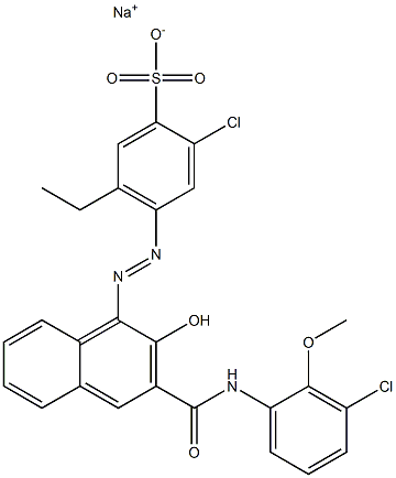 2-Chloro-5-ethyl-4-[[3-[[(3-chloro-2-methoxyphenyl)amino]carbonyl]-2-hydroxy-1-naphtyl]azo]benzenesulfonic acid sodium salt Struktur