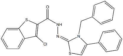 3-Chloro-N'-[(3-benzyl-4-phenyl-2,3-dihydrothiazol)-2-ylidene]benzo[b]thiophene-2-carbohydrazide Struktur