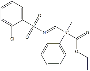 N-Ethoxycarbonyl-N-methyl-N-(2-chlorophenylsulfonyliminomethyl)benzenaminium Struktur