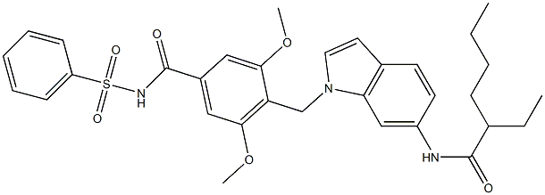 4-[6-(2-Ethylhexanoylamino)-1H-indol-1-ylmethyl]-3,5-dimethoxy-N-phenylsulfonylbenzamide Struktur