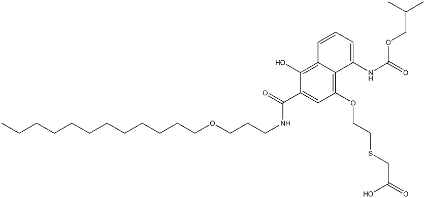 2-[2-[[3-[[3-(Dodecyloxy)propyl]carbamoyl]-4-hydroxy-8-[[(isobutyloxy)carbonyl]amino]-1-naphtyl]oxy]ethylthio]acetic acid Struktur