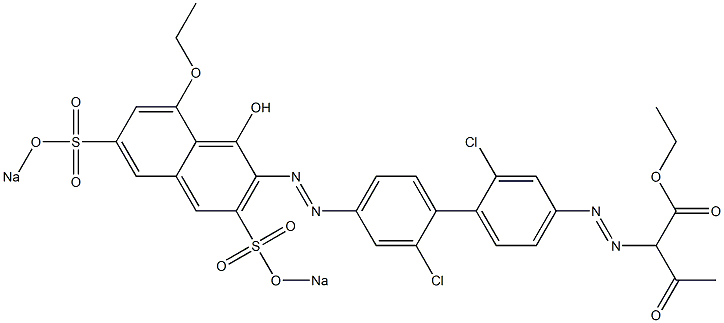 2-[[4'-[[8-Ethoxy-1-hydroxy-3,6-bis(sodiosulfo)-2-naphtyl]azo]-2,2'-dichloro-1,1'-biphenyl-4-yl]azo]-3-oxobutanoic acid ethyl ester Struktur