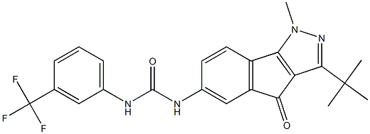 N-(3-(tert-Butyl)-1-methyl-4-oxoindeno[2,3-d]pyrazol-6-yl)((3-(trifluoromethyl)phenyl)amino)formamide Struktur