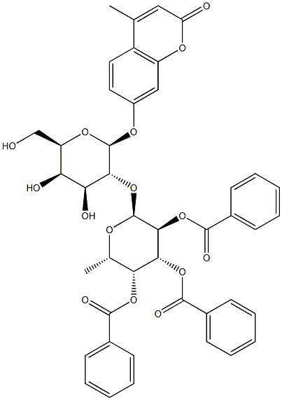 4-Methylumbelliferyl 2-O-(2,3,4-Tri-O-benzoyl-a-L-fucopyranosyl)-b-D-galactopyranoside Struktur