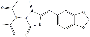 N-acetyl-N-{5-[(Z)-1,3-benzodioxol-5-ylmethylidene]-4-oxo-2-thioxo-1,3-thiazolan-3-yl}acetamide Struktur