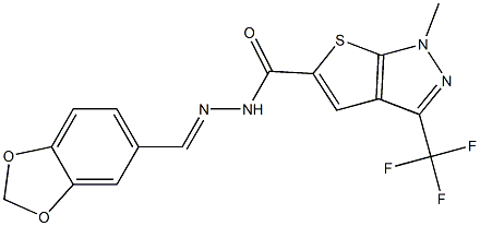 N'-(1,3-benzodioxol-5-ylmethylene)-1-methyl-3-(trifluoromethyl)-1H-thieno[2,3-c]pyrazole-5-carbohydrazide Struktur