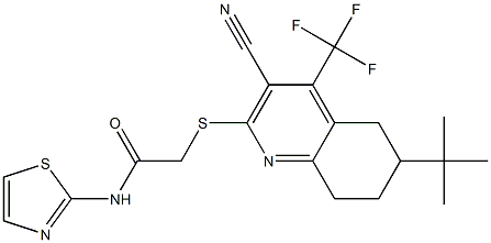 2-{[6-(tert-butyl)-3-cyano-4-(trifluoromethyl)-5,6,7,8-tetrahydro-2-quinolinyl]sulfanyl}-N-(1,3-thiazol-2-yl)acetamide Struktur