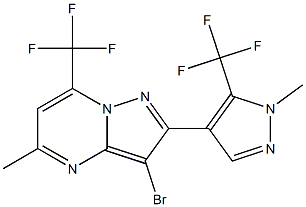 3-bromo-5-methyl-2-[1-methyl-5-(trifluoromethyl)-1H-pyrazol-4-yl]-7-(trifluoromethyl)pyrazolo[1,5-a]pyrimidine Struktur