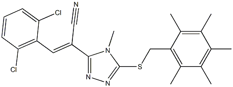 3-(2,6-dichlorophenyl)-2-{4-methyl-5-[(2,3,4,5,6-pentamethylbenzyl)thio]-4H-1,2,4-triazol-3-yl}acrylonitrile Struktur