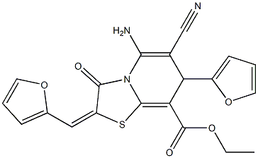 ethyl 5-amino-6-cyano-7-(2-furyl)-2-(2-furylmethylidene)-3-oxo-2,3-dihydro-7H-pyrido[2,1-b][1,3]thiazole-8-carboxylate Struktur