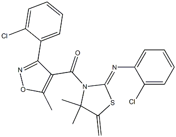 {2-[(2-chlorophenyl)imino]-4,4-dimethyl-5-methylene-1,3-thiazolan-3-yl}[3-(2-chlorophenyl)-5-methyl-4-isoxazolyl]methanone Struktur