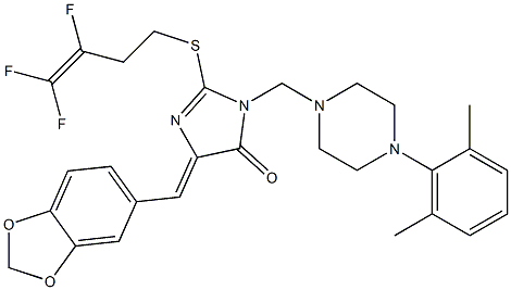 5-(1,3-benzodioxol-5-ylmethylene)-3-{[4-(2,6-dimethylphenyl)piperazino]methyl}-2-[(3,4,4-trifluoro-3-butenyl)sulfanyl]-3,5-dihydro-4H-imidazol-4-one Struktur