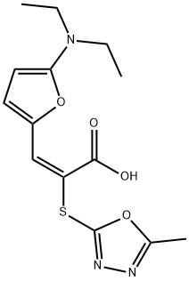 2-Propenoic  acid,  3-[5-(diethylamino)-2-furanyl]-2-[(5-methyl-1,3,4-oxadiazol-2-yl)thio]-,  (2E)- Struktur