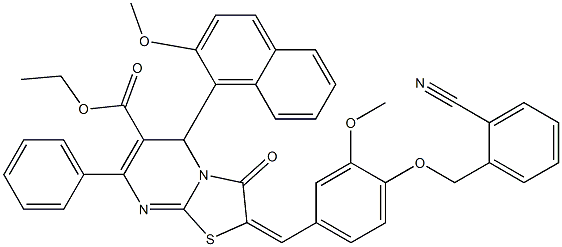 ethyl 2-{4-[(2-cyanobenzyl)oxy]-3-methoxybenzylidene}-5-(2-methoxy-1-naphthyl)-3-oxo-7-phenyl-2,3-dihydro-5H-[1,3]thiazolo[3,2-a]pyrimidine-6-carboxylate Struktur