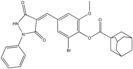 2-bromo-4-[(3,5-dioxo-1-phenyl-4-pyrazolidinylidene)methyl]-6-methoxyphenyl 1-adamantanecarboxylate Struktur