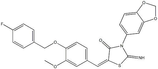 3-(1,3-benzodioxol-5-yl)-5-{4-[(4-fluorobenzyl)oxy]-3-methoxybenzylidene}-2-imino-1,3-thiazolidin-4-one Struktur