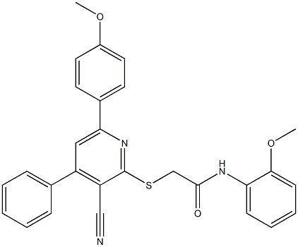 2-{[3-cyano-6-(4-methoxyphenyl)-4-phenyl-2-pyridinyl]sulfanyl}-N-(2-methoxyphenyl)acetamide Struktur