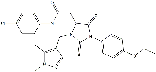 N-(4-chlorophenyl)-2-[3-[(1,5-dimethyl-1H-pyrazol-4-yl)methyl]-1-(4-ethoxyphenyl)-5-oxo-2-thioxo-4-imidazolidinyl]acetamide Struktur