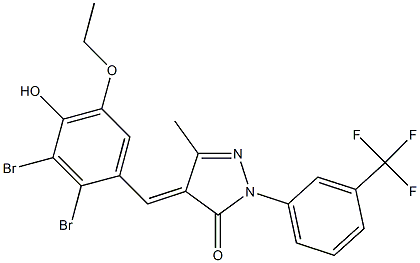 4-(2,3-dibromo-5-ethoxy-4-hydroxybenzylidene)-5-methyl-2-[3-(trifluoromethyl)phenyl]-2,4-dihydro-3H-pyrazol-3-one Struktur