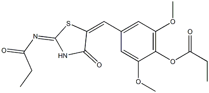 2,6-dimethoxy-4-{[4-oxo-2-(propionylimino)-1,3-thiazolidin-5-ylidene]methyl}phenyl propionate Struktur