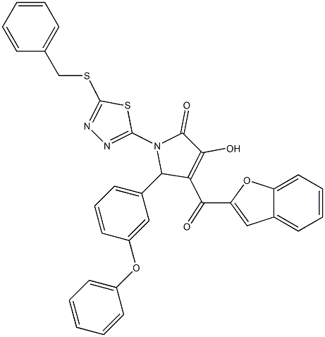 4-(1-benzofuran-2-ylcarbonyl)-1-[5-(benzylsulfanyl)-1,3,4-thiadiazol-2-yl]-3-hydroxy-5-(3-phenoxyphenyl)-1,5-dihydro-2H-pyrrol-2-one Struktur