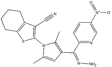 2-[3-(2-{5-nitro-2-pyridinyl}carbohydrazonoyl)-2,5-dimethyl-1H-pyrrol-1-yl]-4,5,6,7-tetrahydro-1-benzothiophene-3-carbonitrile Struktur