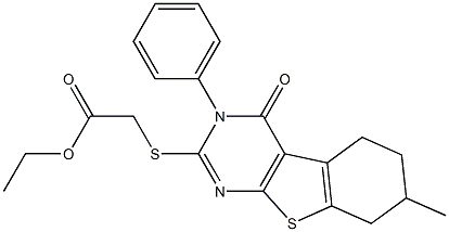 ethyl [(7-methyl-4-oxo-3-phenyl-3,4,5,6,7,8-hexahydro[1]benzothieno[2,3-d]pyrimidin-2-yl)sulfanyl]acetate Struktur